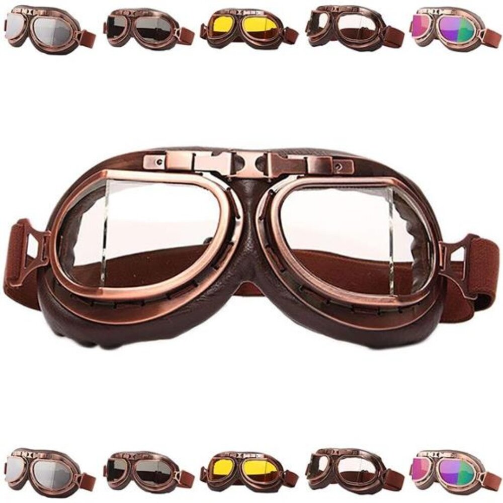 Vintage Motorcycle Goggles Retro Pilot Bike Motorcross Adjustable Anti Fog Goggl